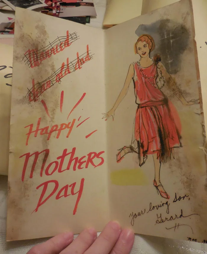Found A Card My Great-Uncle Made For My Great-Grandma. He Was An Advertising Illustrator In The 1950's. Scroll Through The Pics To See The Cute Flapper Lady He Painted In The Card