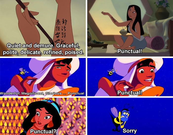 In Mulan (1998), Mulan Mentions 'Punctual' As One Of The Desirable Qualities In A Bride. This Is A Callback To Aladdin When The Genie Accidentally Tells Him To Say 'Punctual'