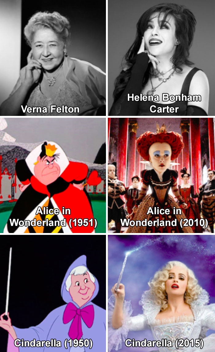 In Disney's Cinderella And Alice In Wonderland, The Same Actress Played The Fairy Godmother And The Red Queen In Both The Original Animation And The Live-Action Remake: Verna Felton Voiced Both Women In The Originals (1950, 1951), While Helena B. Carter Played Both Women In The Remakes (2010, 2015)