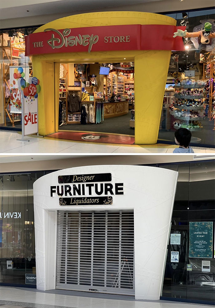 The Disney Store Of Inland Center In San Bernardino, Ca Is Now A Furniture Store. You Can Still See The Outlines Of The Film Reels Around The Entrance, And Mickey Shapes Etched Onto The Windows.