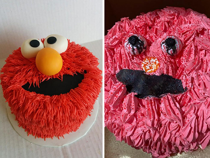 Pedimos la tarta de la izquierda y recibimos la de la derecha. Elmo ha visto días mejores