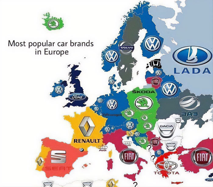 Most Common Car Brand In Each County In Europe