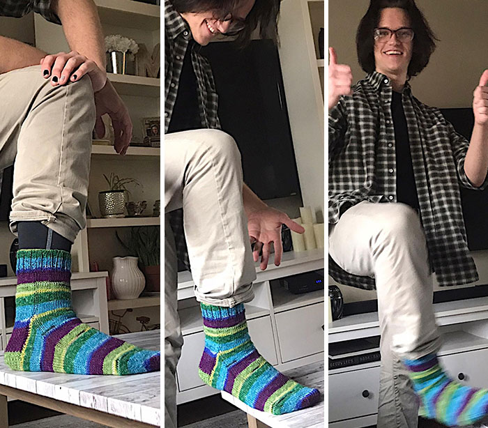 My Son Is Proudly Showing His New Socks That He Knit Himself