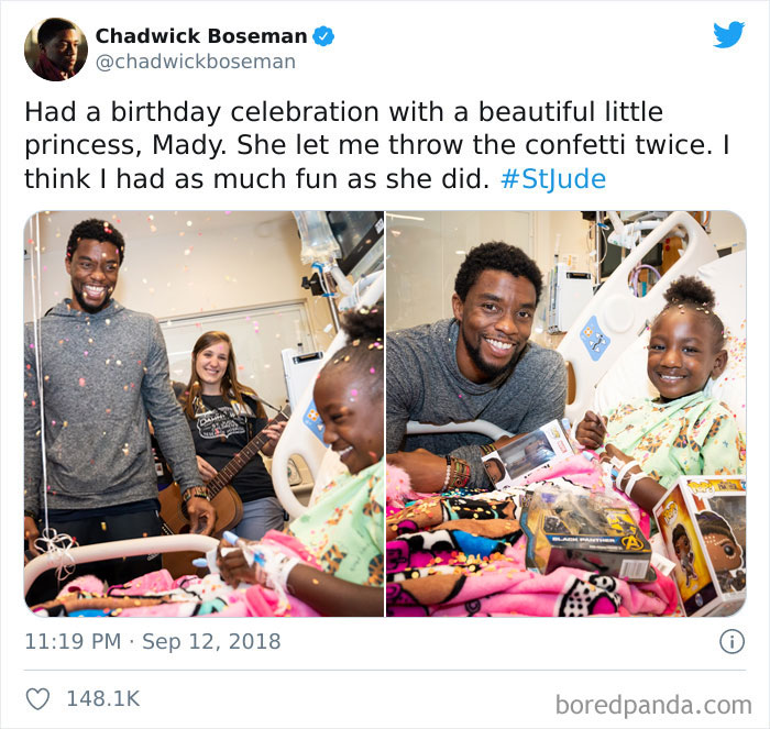 El fallecido Black Panther Chadwick Boseman visitando y alegrando el día a niños enfermos de cáncer en el hospital, mientras lucha en silencio contra la misma enfermedad