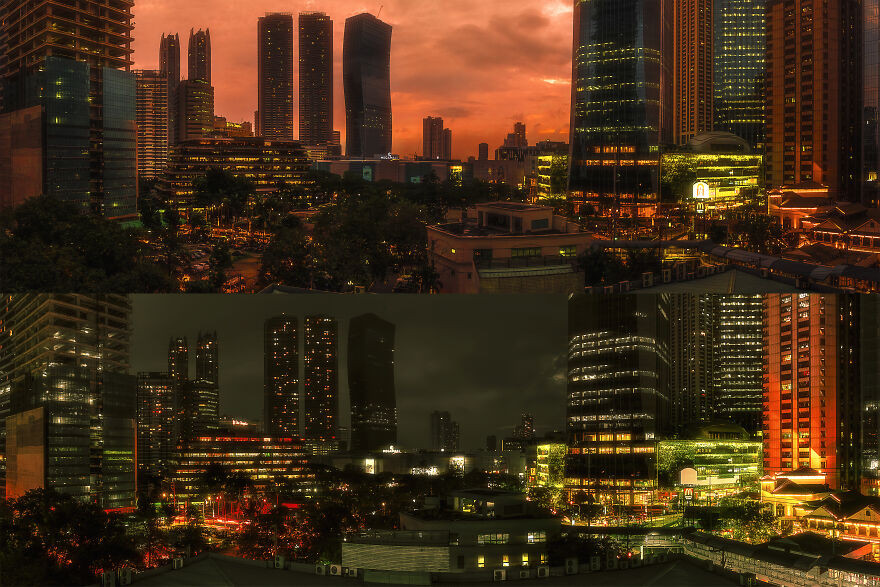 Two Panoramas Of The Same Scene In Ortigas Cbd, Taken At Day And Night