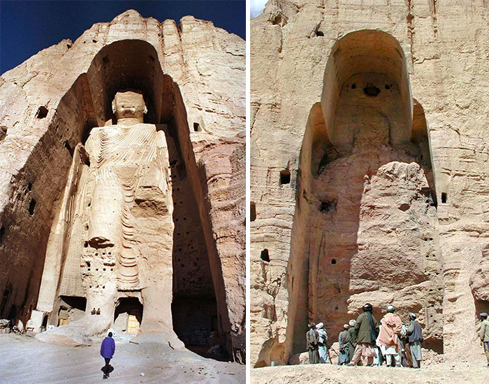 Budas de Bamiyán del siglo VI, las estatuas fueron dinamitadas y destruidas en marzo de 2001 por los talibanes, por orden del líder Mullah Mohammed Omar
