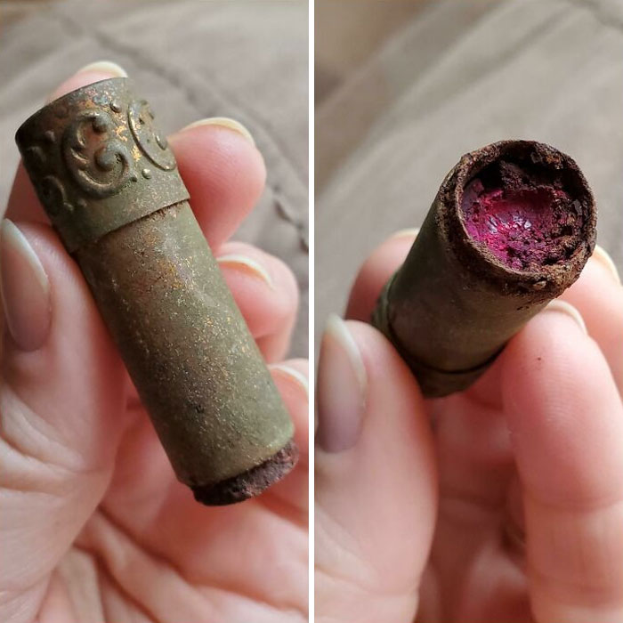 Found This Pretty Brass Lipstick Tube With Bright Fuscia Lipstick Still Inside