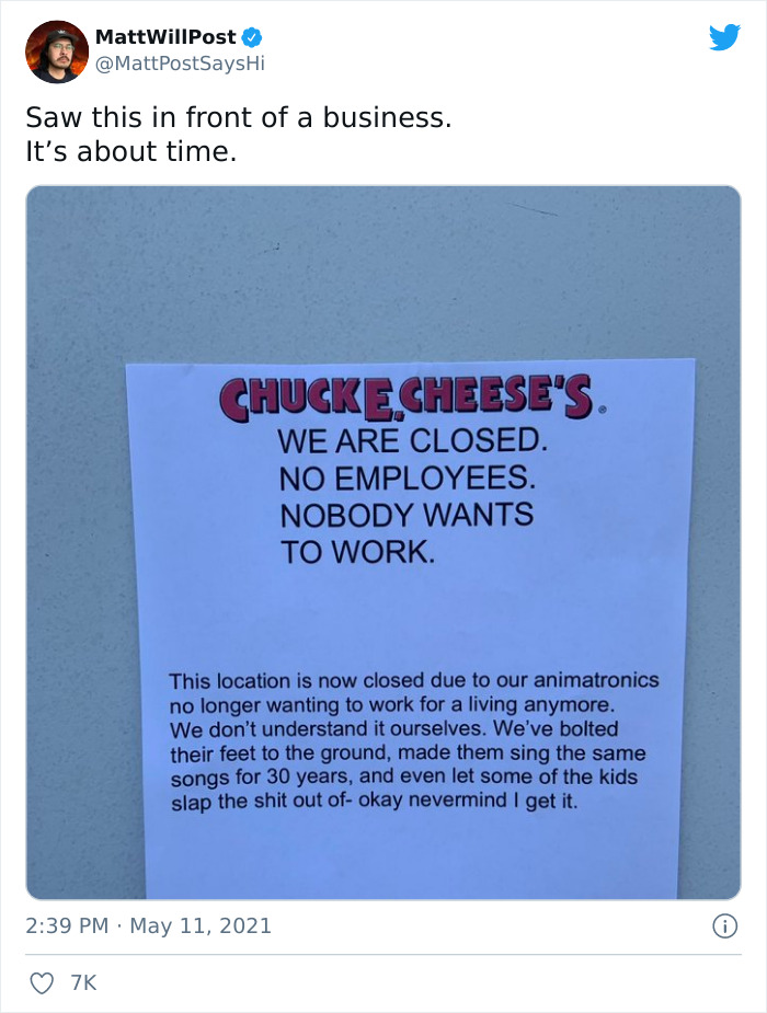 Workers Make Truthful Signs About Why Employers Are Facing Staff Shortages