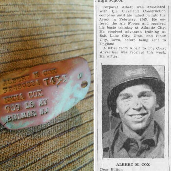 Whilst Metal Detecting In The UK, I Found A Usaf Dogtag Belonging Peekskill A Pilot From Belmar Nj. He And His 4 Brothers Had Been Posted Over Seas In The Early 1940s, He Sadly Passed Away In The Late 80s, But I Was Lucky To Trace His Daughter And Return The Tags To His Family In New York