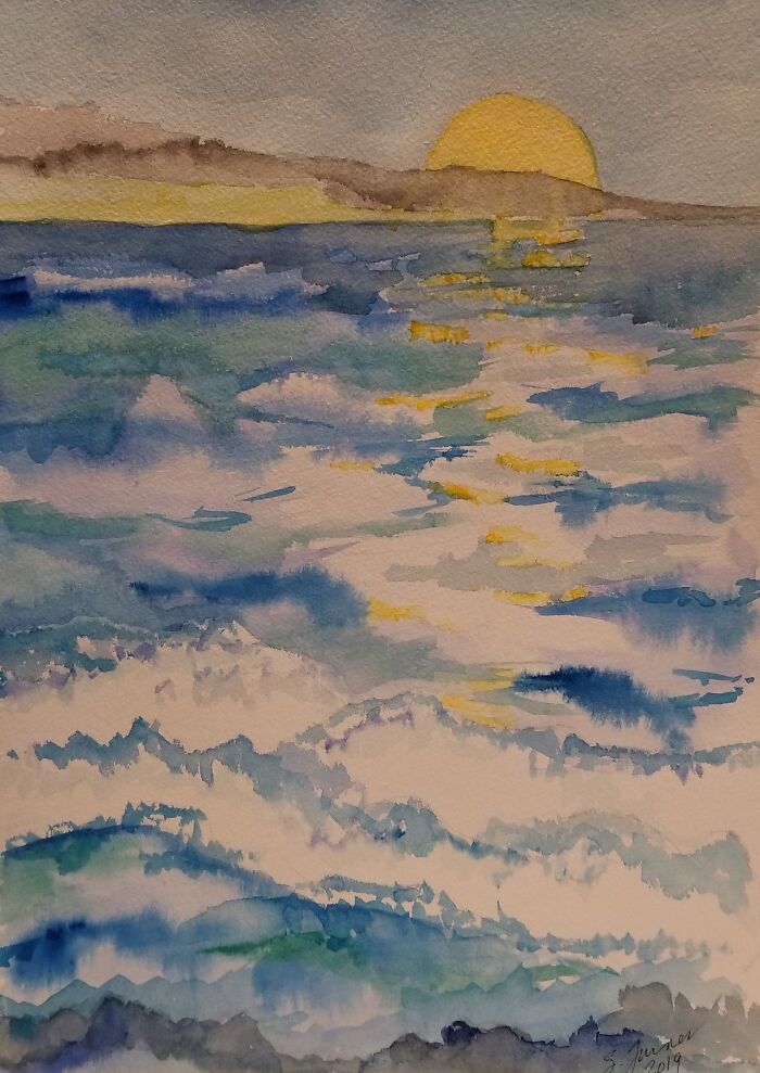 Turbulent Cruise, Calm Sunset. Watercolor, Painted On The Rolling Deck Of A Ship