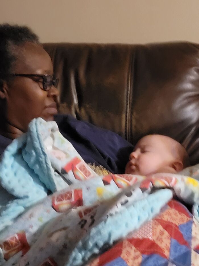 Photo Of My Mom Holding My Aunt's Best Friend's Grandson