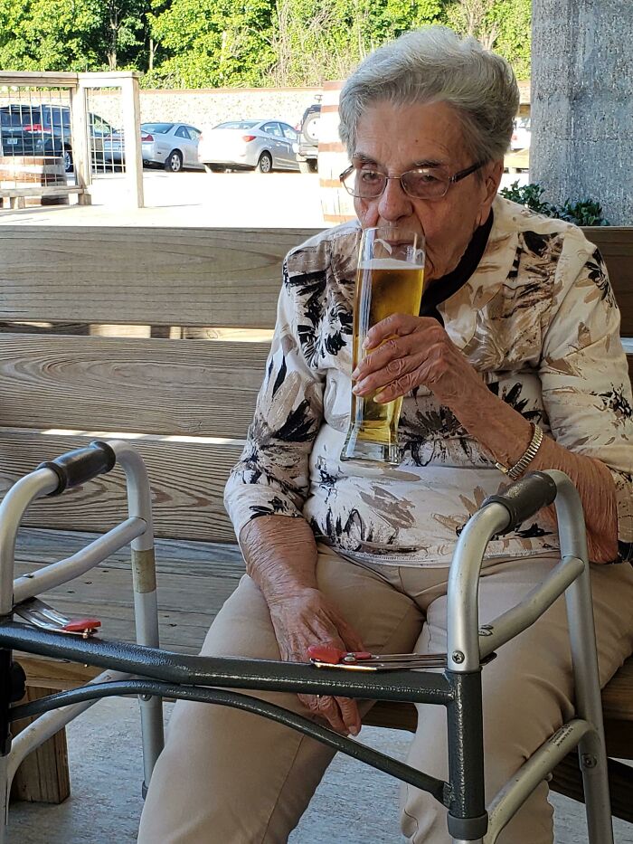 My 100-Year-Old Grandma, Enjoying A Pint At A Local Brewery