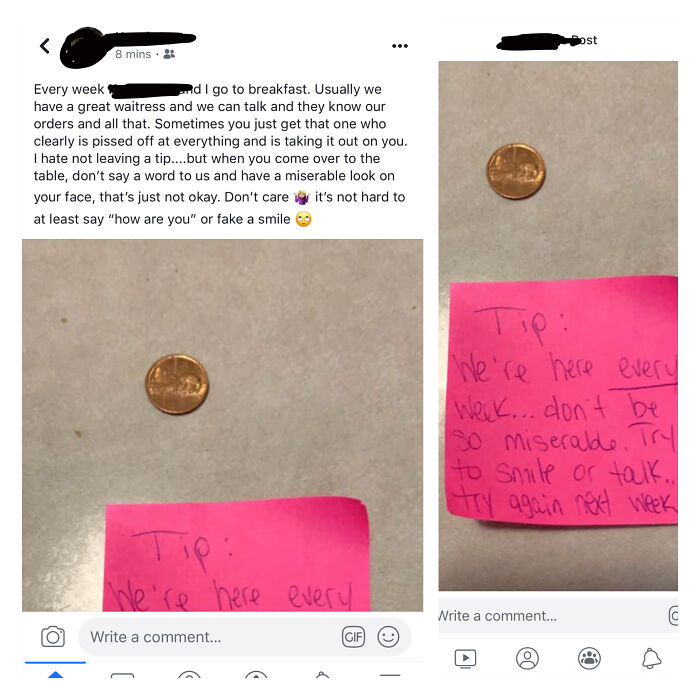 Bragging On Facebook About Tipping $0.01 And Telling The Waiter/Waitress “Don’t Be So Miserable”
