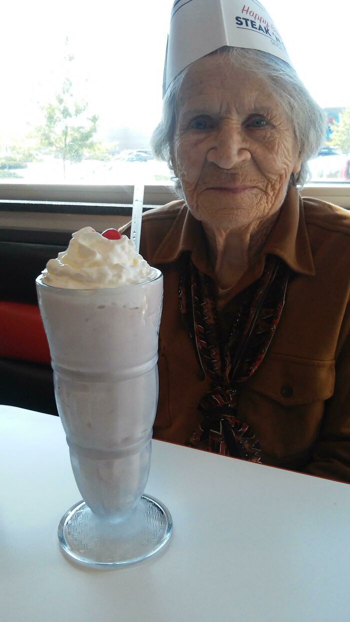 Here's A Pic Of My Grandma That Just Celebrated Her 93rd Birthday With Her Favorite Strawberry Milkshake