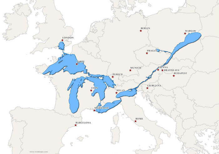 Los Grandes Lagos y el río San Lorenzo superpuestos en un mapa de Europa