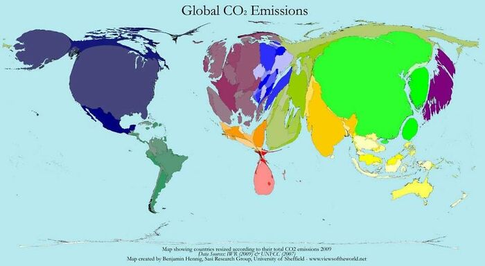 A World Map, But Countries Are Sized According To Their Co2 Emissions (2010)