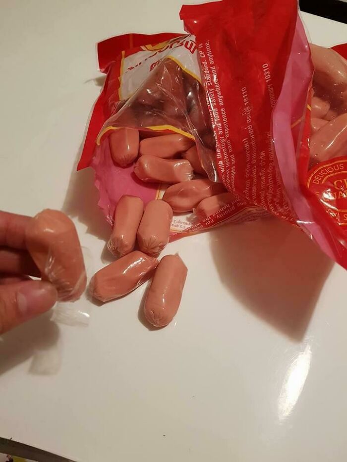 Plastic Has To Removed From Every Single Mini Sausage Before Cooking