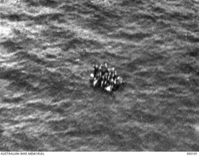 Survivors Of Hmas Armidale On A Raft After Their Ship Was Sunk By Japanese Air Attack, December 1942. A Catalina Flying Boat Later Took This Photo But Was Unable To Assist Due To Rough Seas. The Survivors Were Never Found Again