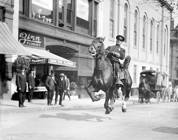 Mounted Cop Flies Down Tremont Street, Boston 1920s - Photo By Leslie Jones