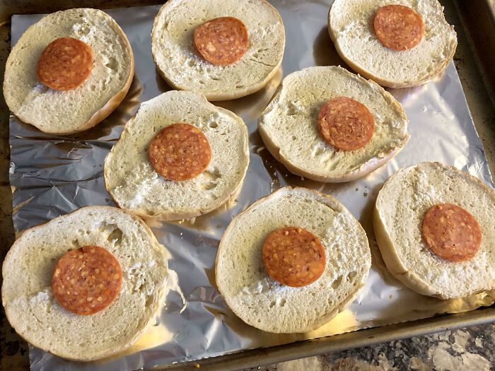 Place Pepperoni Over Bagel Holes When Making Homemade Pizza Bagels. Cheese Won’t Melt And Stick To The Pan, Gives Toppings More Surface Area