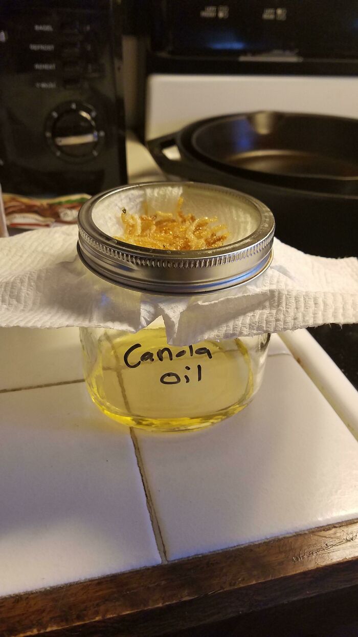 It's Sad That It Takes Desperate Times For Me To Not Just Waste Cooking Oil. This Method Of Filtering Cooking Oil Brought To You By My Gram. I Used To Laugh At All The Stuff She Reused. Thanks Gram