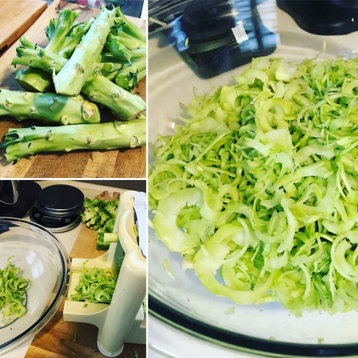 Save Your Broccoli Stems And Run Them Through A Spiralizer To Make Noodles. Drop Them Into Your Spaghetti Cooking Water In The Last 2 Minutes Of Cooking, Drain And Sauce As Normal, And They Meld Into The Pasta And Will Add Nutrients/Reduce Caloric Density Without Changing Taste Much