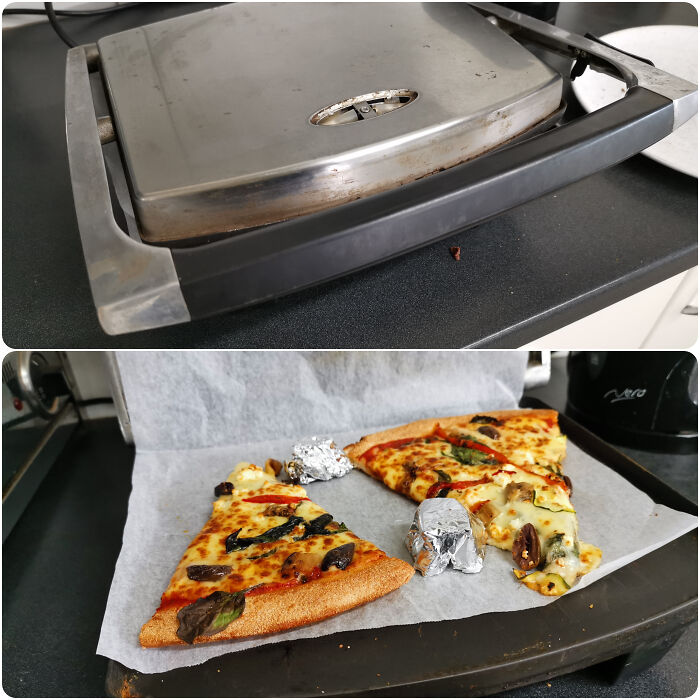 Pizza In A Sandwich Press Using Folded Foil Stoppers To Keep The Top Off The Cheese, Means Lovely Crispy Base And Gooey Melted Cheese. Perfect For Leftover Pizza At Work