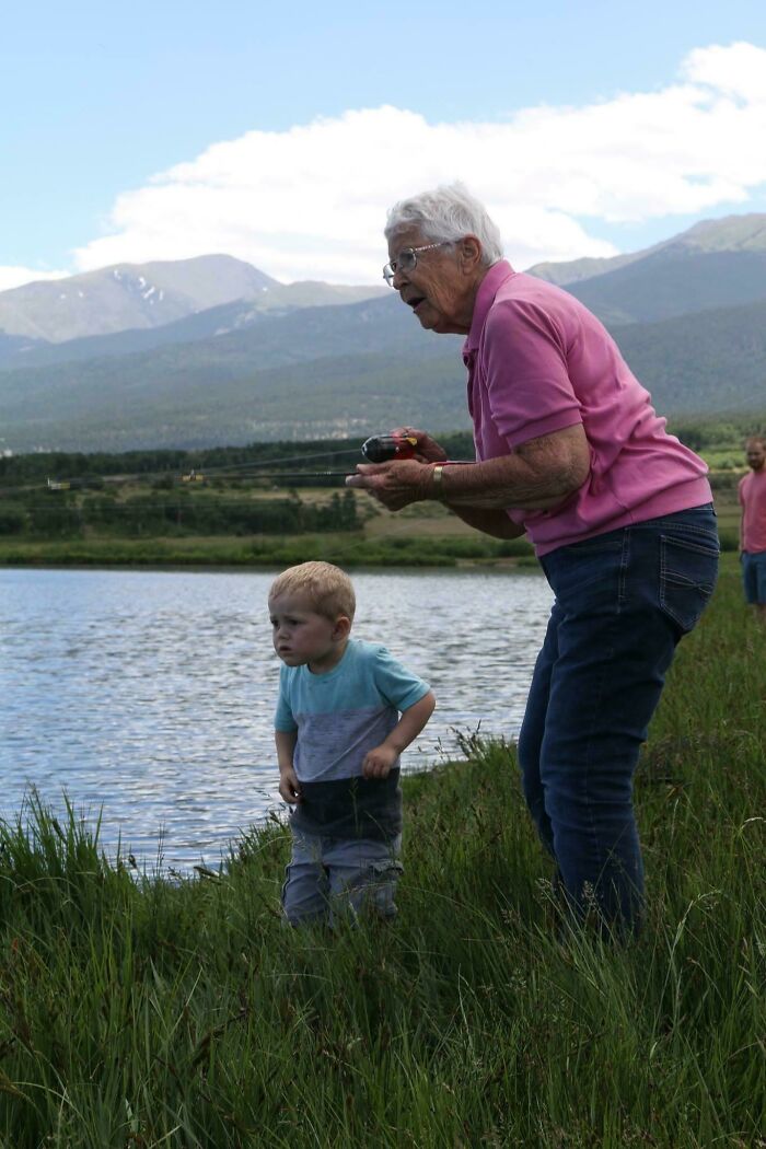 Today My 3 Year Old Son And His 89 Year Old Great Grandma Teamed Up To Catch Both Their First Fish. He Hooked It She Reeled It In