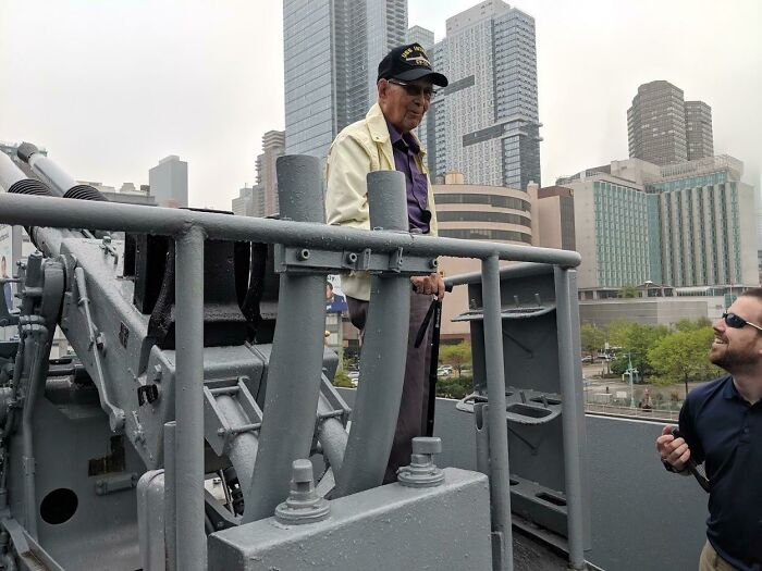 My Wive's Grandfather (93) Standing On The Gun He Manned On The USS Intrepid During WWII