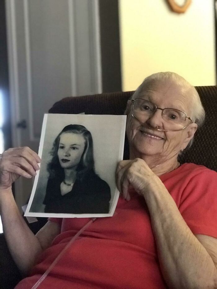 Here Is My Great Grandma With A Picture Of Her When She Was 20. Almost 100, Half Blind And On Oxygen, But Still Kicking