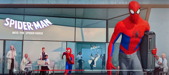 Spider-Man: Into The Spider-Verse (2018) Has A Blink-And-You-Miss-In Joke - When Miles Throws A Bagel At The Alchemax Employee The Word "Bagel!!!" Appears Above The Worker's Head, Instead Of "Pow!!!" Or "Blam!!!"