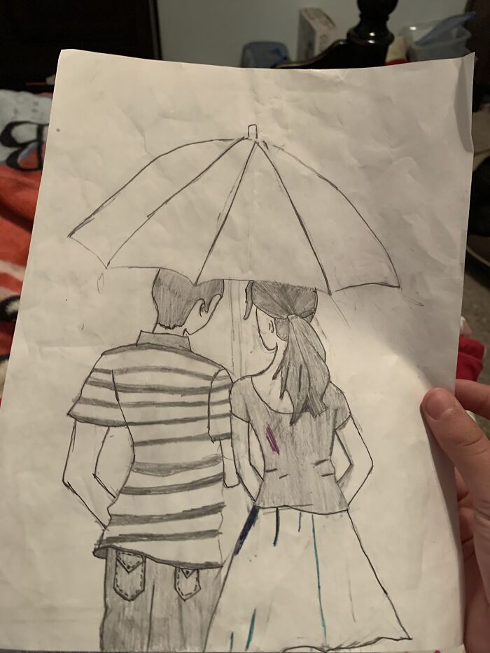 My Drawing Of A Girl And A Guy Under And Umbrella