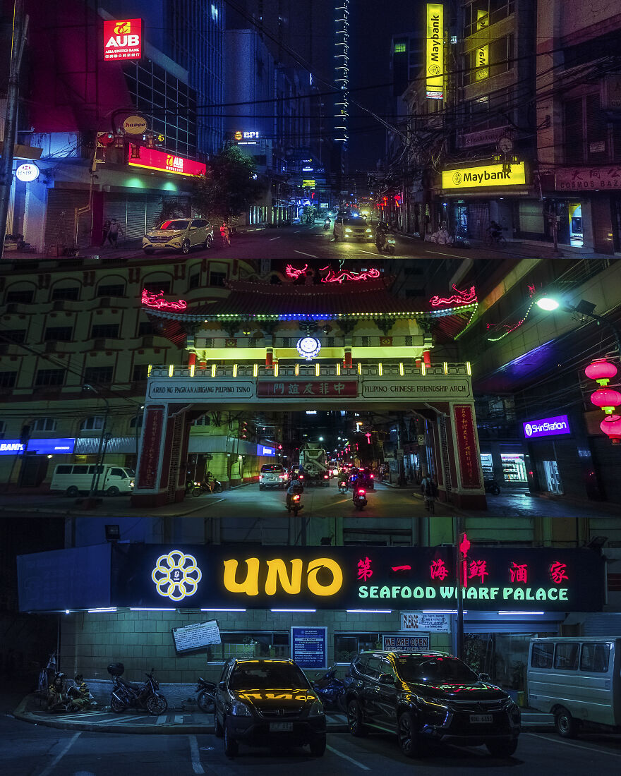 Three Panoramas In Neon-Lit Binondo, Which Is Manila's Historic Chinatown. A Melting Pot Of Multicultural Architecture