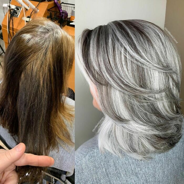 This Beautiful Client Came To Me With Hair That Had Multi Different Light And Dark Brassy Colors, She Was Seeking Gray Silver Ashy Color To Blend And Match Her Gray Roots So She Can Stop Coloring Her Hair Every 3-4 Weeks, Total Service Was 8 Hours And One Session, I Started The Long Process By Cutting Her Length About 2 Inches With Layers And Face Framing, Then I Weaved The Whole Head Starting From Where Her Gray Roots Starts In Foils Using @redken Flash Lift Power 9 With 20 Vol Leaving Her Gray Roots Out For About 4 Hours By Foiling The Hair Based On Her Root Gray Pattern Very Thin Sections For Faster And Even Lifting Until I Reached Level 10 Pale Blonde, At The Same Time All The Hair That Was Left Outside The Foils I Colored It With Redken Gels Lacquers 1/2 5ab + 1/2 7ab Mixed With 10 Vol For About 30 Min To Create That Salt And Pepper Look. I Then Rinsed Hair, Toned With @redken Shade Eq 1/4 Oz 10vv + 3/4 Oz 10t Mixed With Equal Amount Processing Solution For 20 Minuets, Rinsed, Shampooed, Conditioned, Styled With Round Brushes. For Repair And Protection I Used @k18hair Repair System.
total Service: 9 Hours
——————————————————
#behindthechair #americansalon #modernsalon @behindthechair_com @american_salon @modernsalon #redken #silverhair @saloncentric #jackmartincolorist #saloncentricpartner #k18hair #healthyhair #hairrepair #hairmask