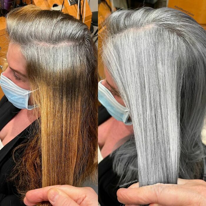 Matching The Pattern Of The Natural Regrow Is Very Important For Blending The Hair Color, But Don’t Be Afraid To Add Extra Wider Silver Strands To Make The Hair More Glamorous, We Don’t Want Our Ladies To Look Like Just A Grey Hair Growing Out. For Colorists That Are Interested In Doing This Transformation The Most Important Step In This Transformation Is To Be Creative, If You Feel You Aren’t Strong Enough Yet Invite A Close Relative That Won’t Kill You If Anything Goes Wrong And Practice, Practice, Practice, If You Don’t Do Mistakes Like I Did And I Still Do You Won’t Learn And Be Confident To Charge What You Are Worth. Product Used: @redken Flashlight With 20 Vol, Toner Redken Shade Eq 9b +9v @k18hair Mist And Mask To Fix The Damaged Hair, This Amazing Repair Treatment Is A Unique Product That Has Never Been Created Before In The Hair Industry. ———————————————
#behindthechair #modernsalon #americansalon @behindthechair_com @modernsalon @american_salon #silverhair #greyhairdontcare #silversisters @saloncentric @beautylaunchpad @hairbrained_official #saloncentricpartner #jackmartincolorist #k18hair