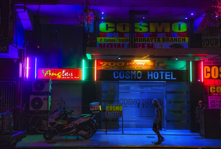 A Neon-Lit Budget Short-Stay Hotel In Sampaloc, Manila. You Can Tell That It's Good Biz Around Here Because Our Family-Centric Filipino Culture Expects Adults To Stay In Their Families' Homes Even After They Finish Their Schooling, Which Explains The Demand For No-Tell-Motels Like This