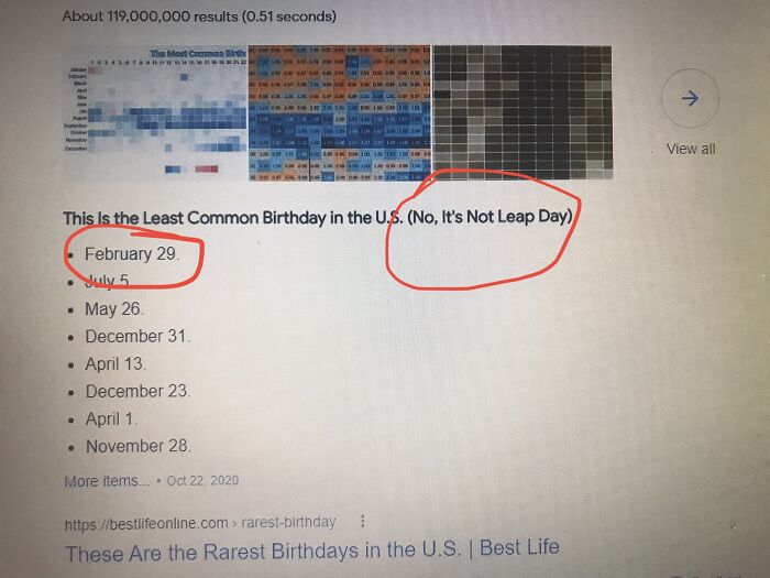 Me: “What’s The Least Common Birthday?” Google: “Not February 29th! [first Result]: February 29th”