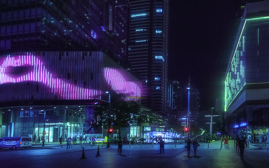 Neon Lights And Megacorporate Buildings Of Bonifacio Global City (Bgc)