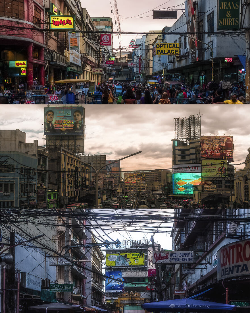 A Collage Of Three Dystopian Panoramic Scenes In Quiapo's Market Streets And Highways