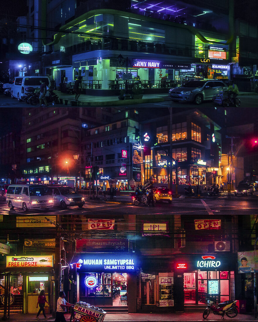 A Collage Of Three Panoramic Street Scenes At Sampaloc, Showing Its Wide Variety Of Venues For Student Nightlife