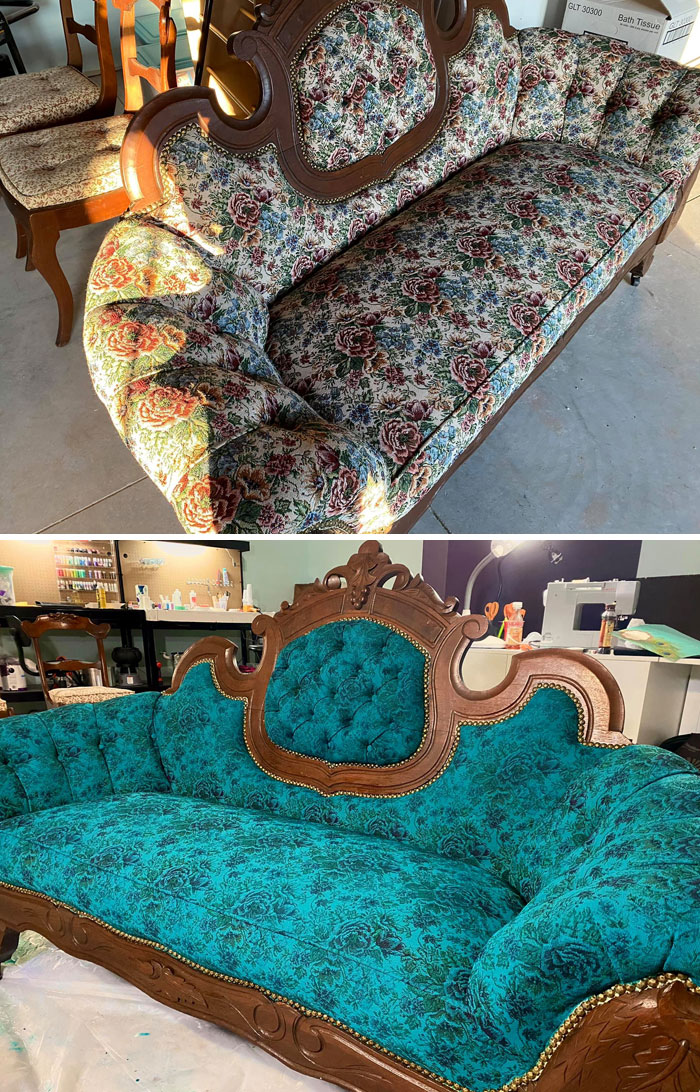 Thought You All Might Enjoy My Marketplace Score And Project! Picked Up This Little Loveseat And Matching Chairs For $100. I Was Looking For An Upholstery Project But It Looked Brand New And Clean So I Opted To Dye It Peacock Green For My Sewing Room