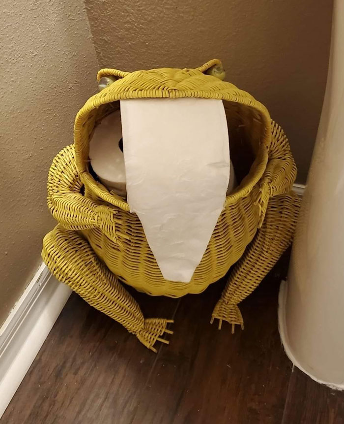 Bought This Rattan Frog At Salvation Army...now He Holds The Toilet Paper In The Guest Bathroom