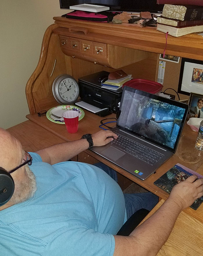 My Grandfather Who Got Me Into Gaming. He Is Currently Doing His 10+ Runthrough Of Skyrim. "I Am Going Places I Haven't Been To Before"
