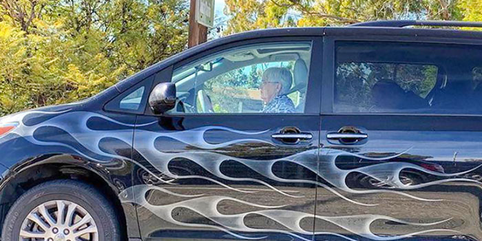 Caught This Cool Granny Driving Around In Her Black Minivan With Ghost Flames