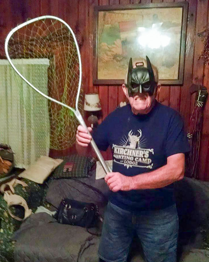 My Grandfather In His Bat-Catching Gear For When They Get Into The House