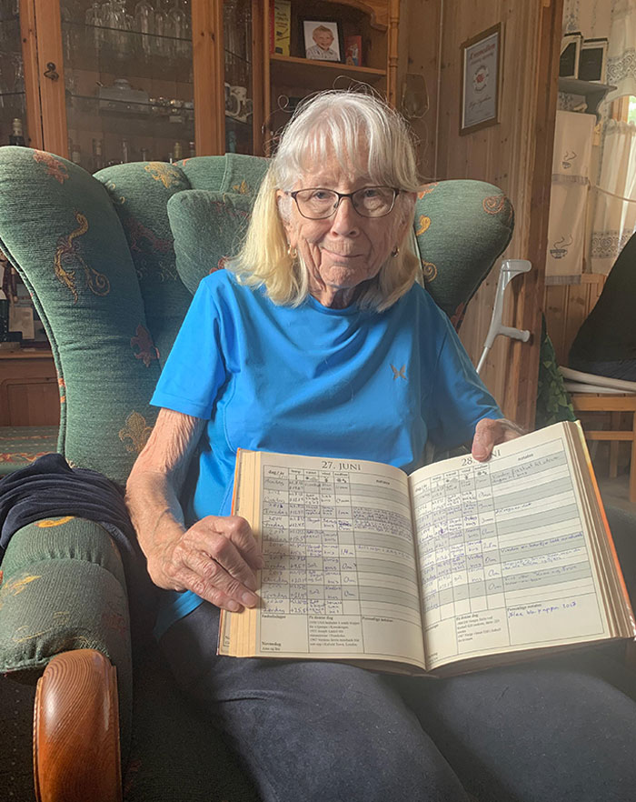 This Is My Grandma And Her 3rd Weather Book. She Has Recorded The Weather Every Day Where She Lives For 30 Years And Is Filling Out The Last Year Of The 3rd Book
