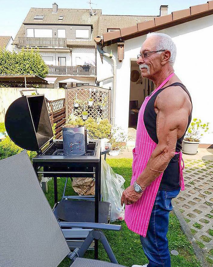 74-Year-Old Grandpa Doing Some BBQ, Enjoying Life