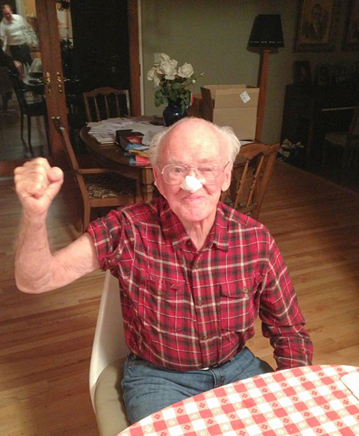 My 93-Year-Old Grandpa Just Had Cancer Removed From His Nose. Here He Is Showing How Tough He Is