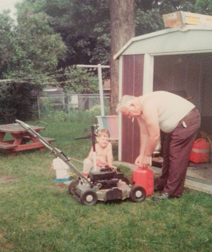 My Grandpa Just Passed Away And We Were Going Through Old Pictures. This Is Me And Him In 1986. Yes, He Has A Cigarette In His Mouth While Filling The Gas In The Lawn Mower