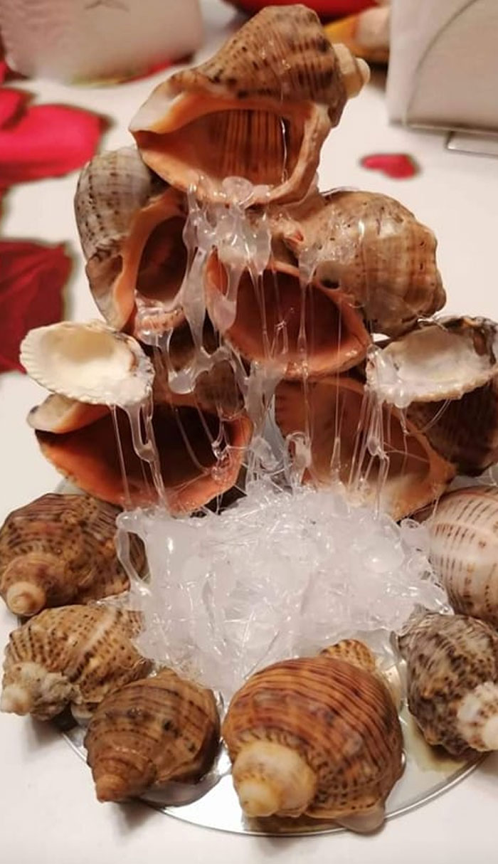 Encontré esta “cascada” hecha a mano con conchas de mar en el Marketplace